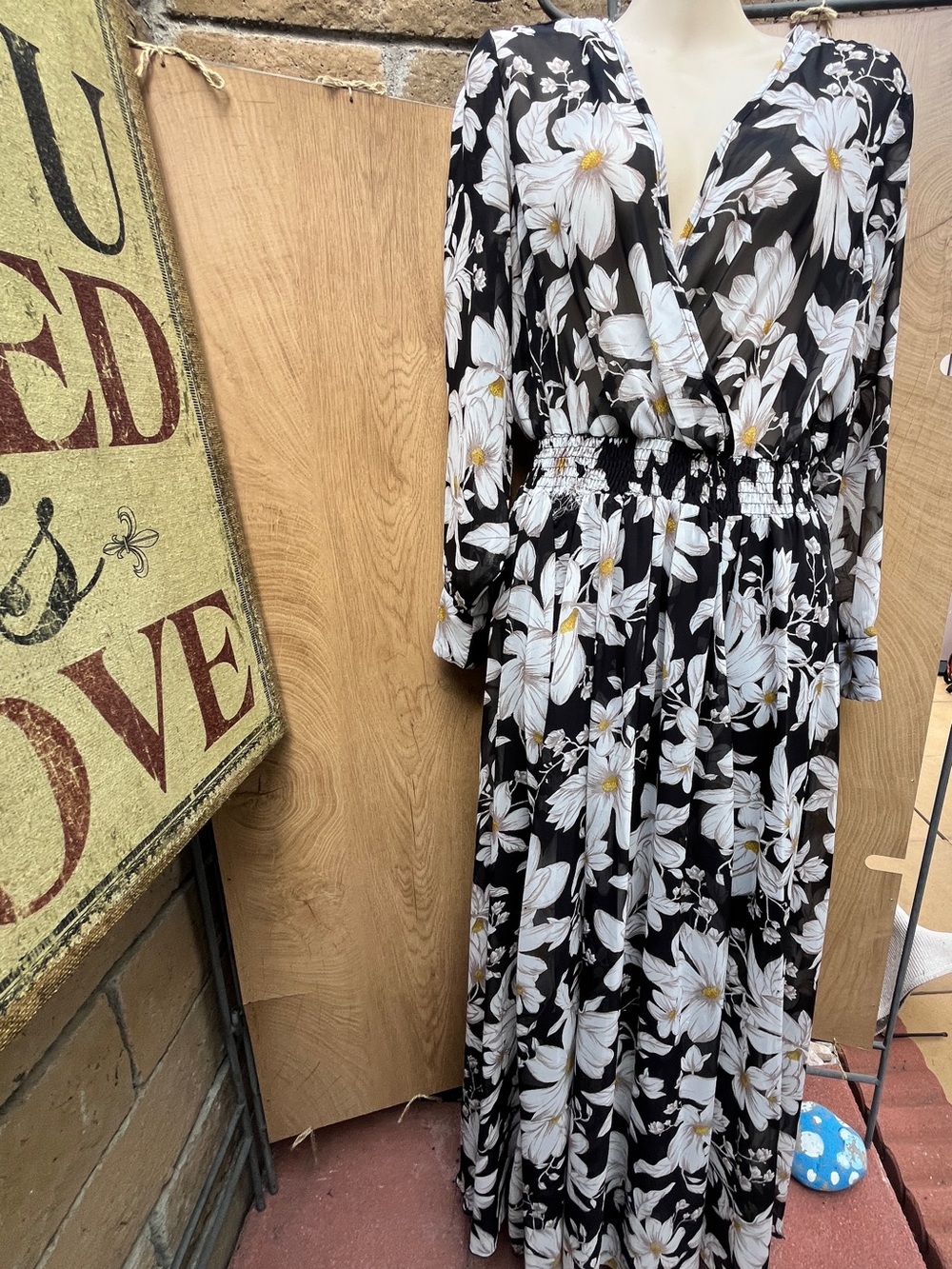 Black Floral Maxi Dress with White & Yellow Bloom Print